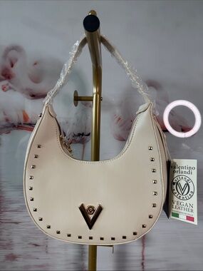 Valentino Orlandi Cream Vegan Leather Studded Crescent Shoulder Bag